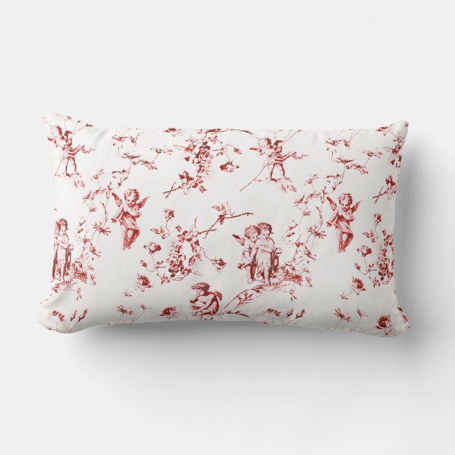  Winged Cherub Angels Flowers Red Toile Kussen (Voorkant)