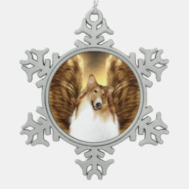 Winged Collie Angel Portret op Gold Tin Sneeuwvlok Ornament