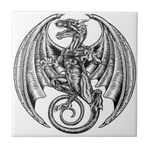 Winged Dragon Woodcut Tegeltje
