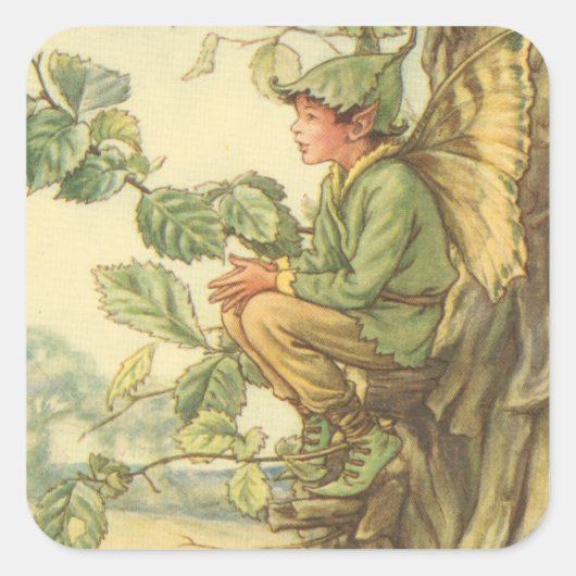 Winged Elm Fairy Zitten in een boom Vierkante Sticker (Voorkant)