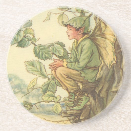 Winged Elm Fairy Zitten in een boom Zandsteen Onderzetter (Voorkant)