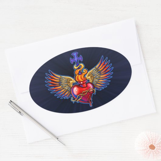 Winged, gezakt hartontwerp ovale sticker (Envelop)