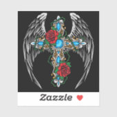 Winged kruis met rode rozen sticker (Vel)