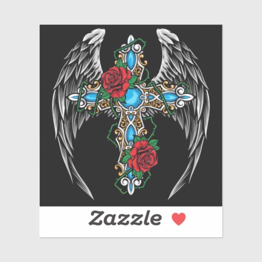 Winged kruis met rode rozen sticker (Vel)