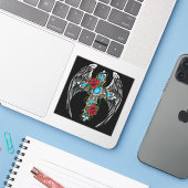 Winged kruis met rode rozen sticker (Laptop met iPhone)