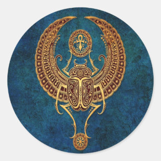 Wingel Egyptian Scarab Beetle met Ankh - blauw Ronde Sticker