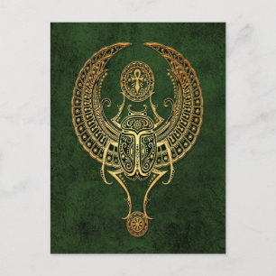 Wingel Egyptian Scarab Beetle met Ankh over Groen Briefkaart