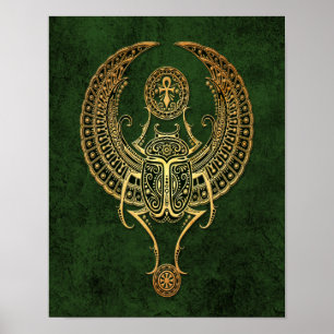 Wingel Egyptian Scarab Beetle met Ankh over Groen Poster