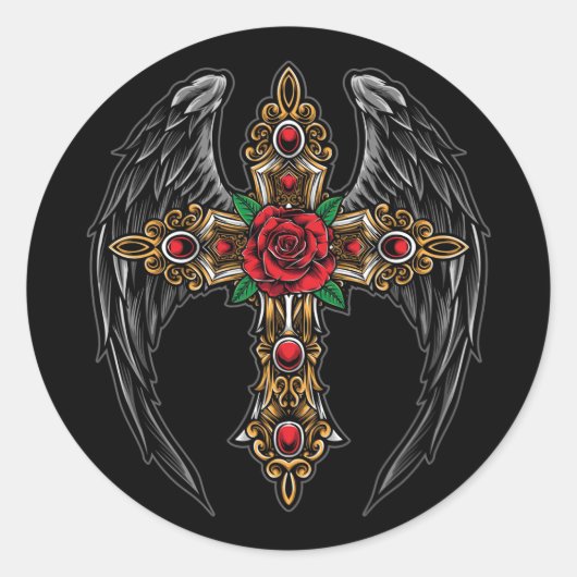 Wings Crucifix en Flowers Ronde Sticker (Voorkant)