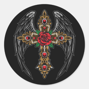 Wings Crucifix en Flowers Ronde Sticker