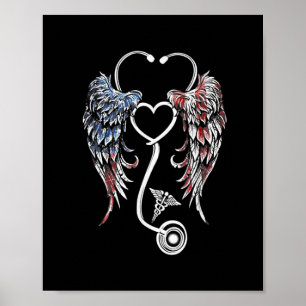 Wings Heart Nurse Stethoscoop Amerikaanse vlag Poster