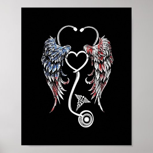 Wings Heart Nurse Stethoscoop Amerikaanse vlag Poster (Voorkant)