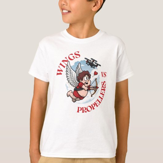 Wings vs Propellers, Cupidon vs Drone, Valentine’s T-shirt (Voorkant)