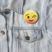 Wink Smile Yellow Emoji Button Pin (In situ)