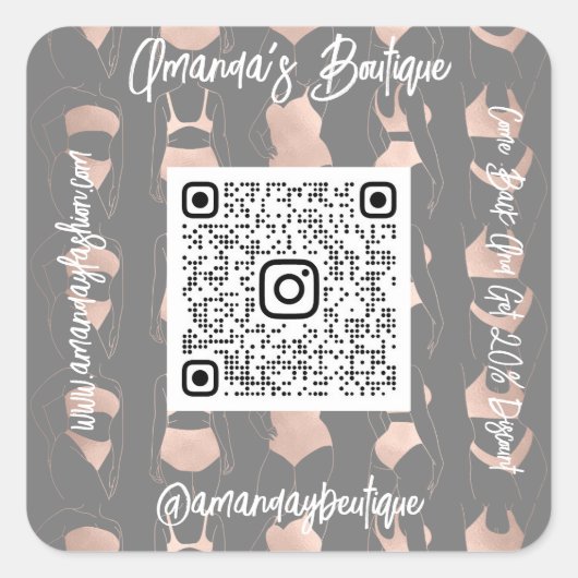 Winkel Lingeire QrCode Logo Body Gray Roze Vierkante Sticker (Voorkant)