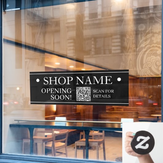 WINKEL NAAM Opening Soon Genereer QR Code ZwartWit Raamsticker (Cafe Raam)