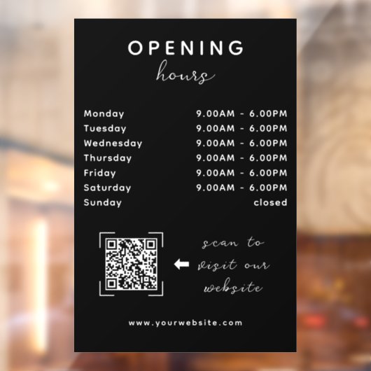Winkel Open Timing QR Code Strak Zwart Raamsticker (Vel 2)
