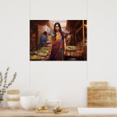 Winkelen in een Indiase straatmarkt olieverfschild Poster (Keuken)