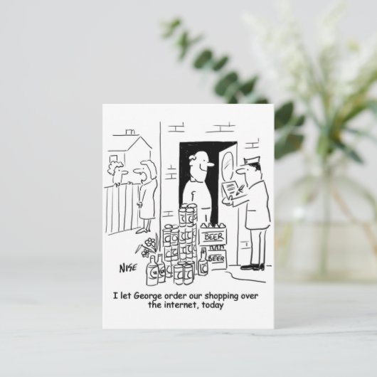 Winkelen op internet. Man koopt gewoon bier. Briefkaart (Staand voorkant)