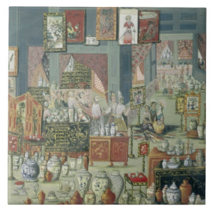 Winkelen voor Chinese goederen, midden 18e eeuw (c Tegeltje
