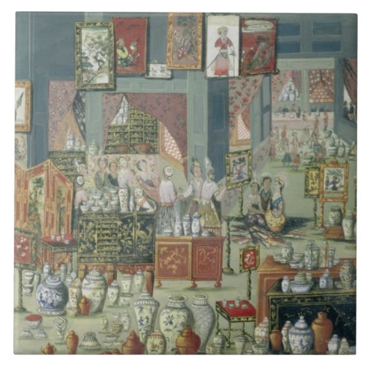 Winkelen voor Chinese goederen, midden 18e eeuw (c Tegeltje (Voorkant)