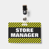 "WINKELMANAGER" + Zwart & Geel Gestreepte Badge (Voorzijde met clip)