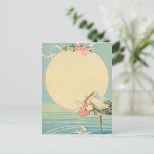  winkeltje met babymeisje in roze tas briefkaart (Staand voorkant)