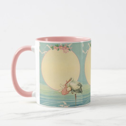  winkeltje met babymeisje in roze tas mok (Links)