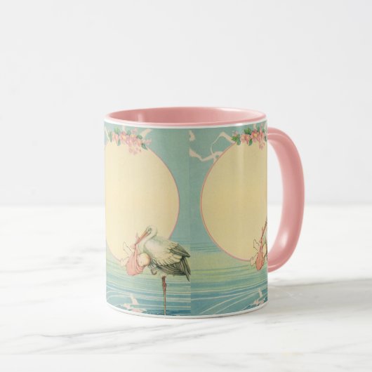  winkeltje met babymeisje in roze tas mok (Voorkant rechts)