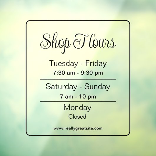 Winkeluren l Black Script Zakelijke Uren Raamsticker (Vel 3)