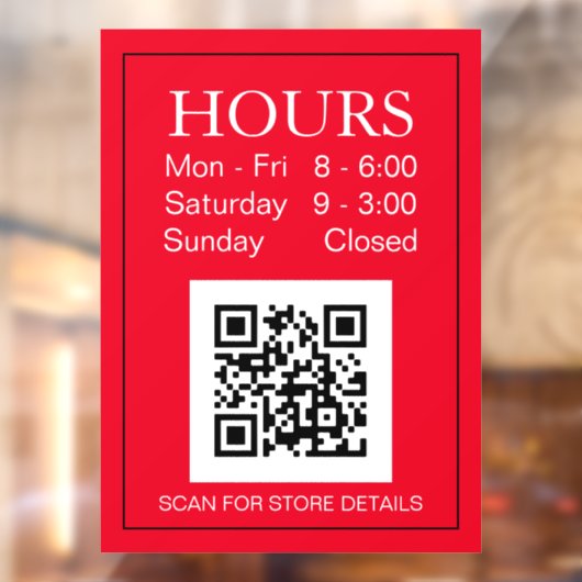 Winkeluren Open Teken, QR-code, Witte tekst op roo Raamsticker (Vel 2)