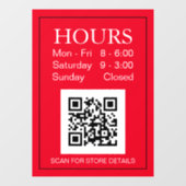 Winkeluren Open Teken, QR-code, Witte tekst op roo Raamsticker (Vel)