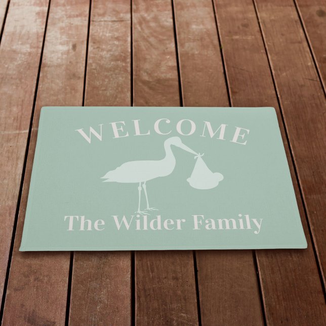 Winkelvoorraad nieuwe babyvoeding Groene Welkom Do Deurmat (Sage Green Welcome Doormat with space for your family name)