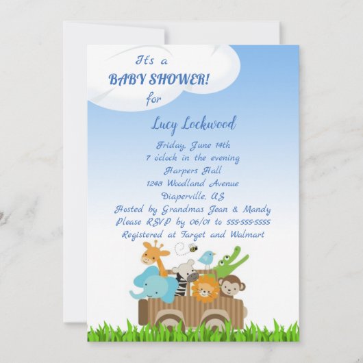 Winkelwagen van Oerwoud Baby Baby Boy Shower Invit Kaart (Voorkant)