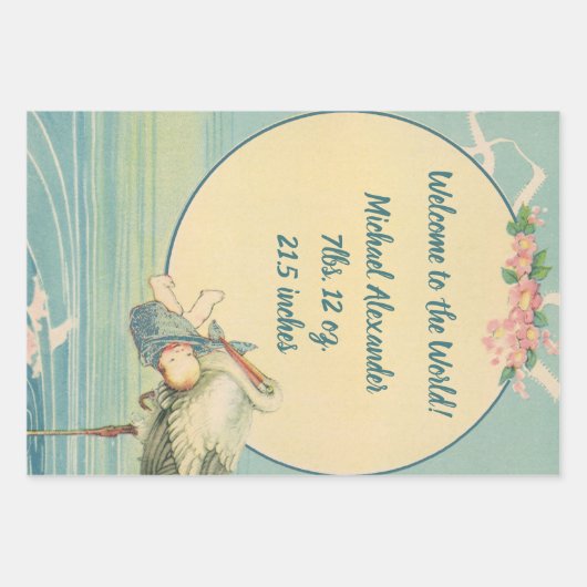  winkelwagentje met babyjongen in een blauwe tas inpakpapier vel (Voorkant)