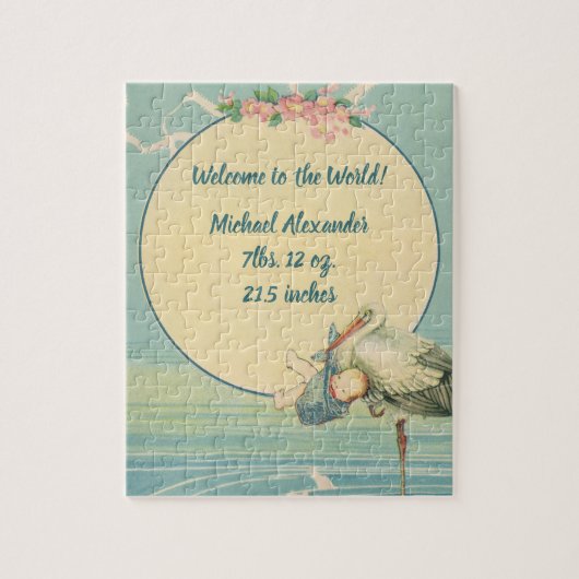  winkelwagentje met babyjongen in een blauwe tas legpuzzel (Verticaal)