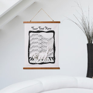 Winking Cat op Piano Keys Bars Muzieknoten Lijst Hangend Wandkleed