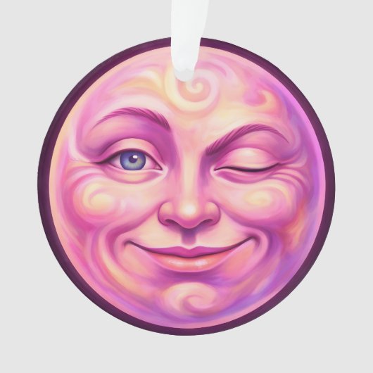 Winking pink moon cheerful celestial ornament (voorkant)