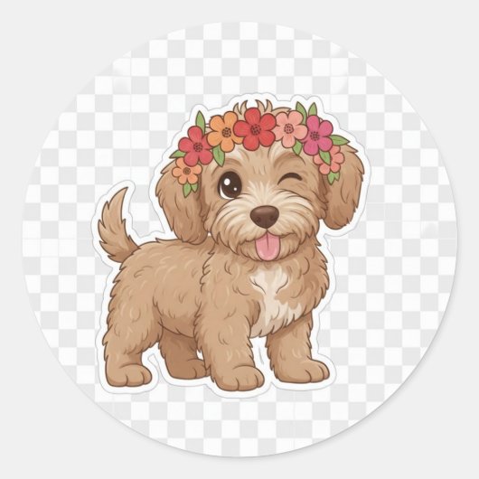 Winking Puppy Flower Crown Sticker - Cutest Doodle (Voorkant)