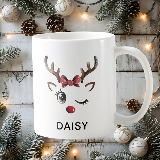 Winking Red Bow Reindeer Christmas Custom Name Koffiemok