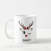 Winking Red Bow Reindeer Christmas Custom Name Koffiemok (Links)