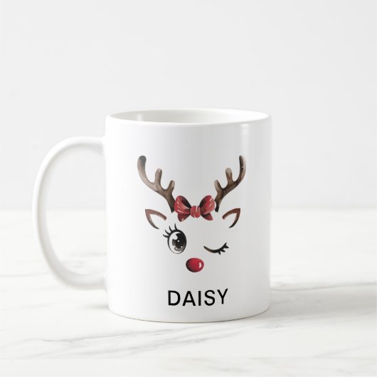 Winking Red Bow Reindeer Christmas Custom Name Koffiemok (Links)