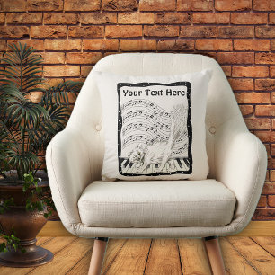 Winking White Cat op Piano Music Note Bars Lijst Kussen