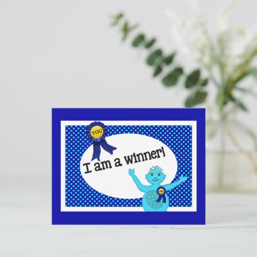Winnaar Affirmaties Blauwe Turquoise Polka Dots Briefkaart (Staand voorkant)