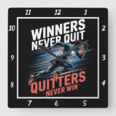 Winnaars stoppen nooit met runnermotivatie vierkante klok (Voorkant)