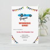 Winnen van een blauwe Race Car verjaardagsuitnodig Kaart (Staand voorkant)