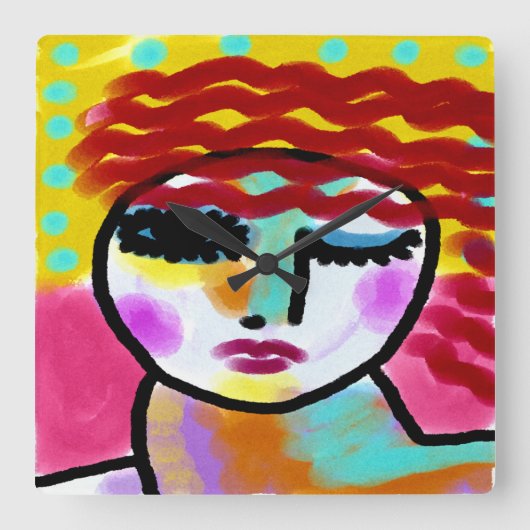 Winnende Red Haire Woman Abstracte Art Vierkante Klok (Voorkant)