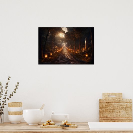 Winnende steenweg door bossen bij schemering poster (Keuken)