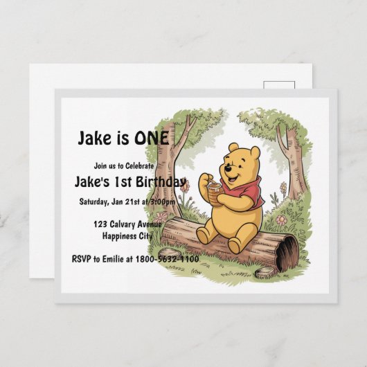 Winnie de Poeh eerste verjaardagspostkaart Uitnodiging Briefkaart (Voorkant / Achterkant)
