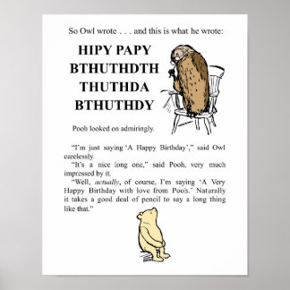 Winnie de Poeh- Uil schrijft 'Happy Birthday' Poster